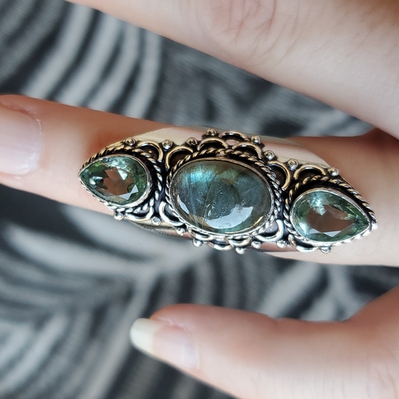 New Labradorite & Tsavorite 925 Silver Statement Ring. - Picture 10 of 16